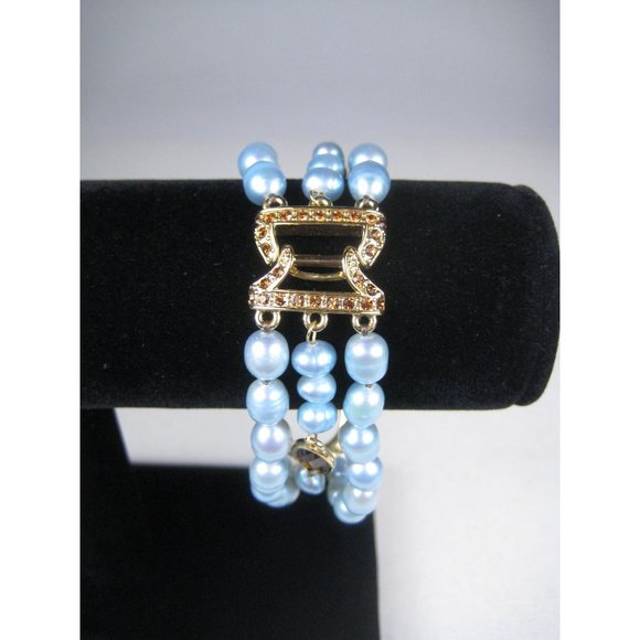 Faux Pearl Multi Strand Beaded Bracelet Goldtone Faceted Rhinestones Jewelry 7 i - Picture 7 of 9